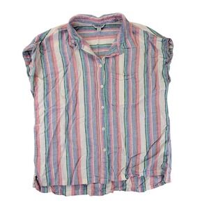 Orvis Classic Collection Women Medium Linen Blend Striped Button Up Shirt Pastel